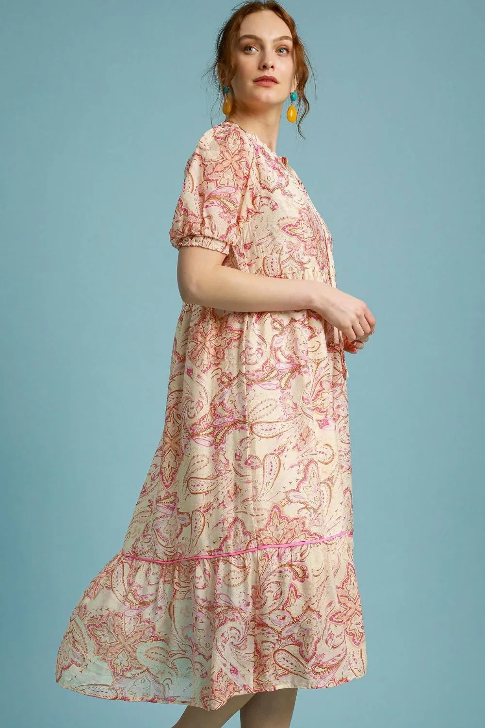 Umgee Midi Dress Floral Pink Mix Printed Puff Short Sleeve Tied 46c880da-b0e8-442d-a7b2-d767f4b726b4-Max-Origin Trendsi