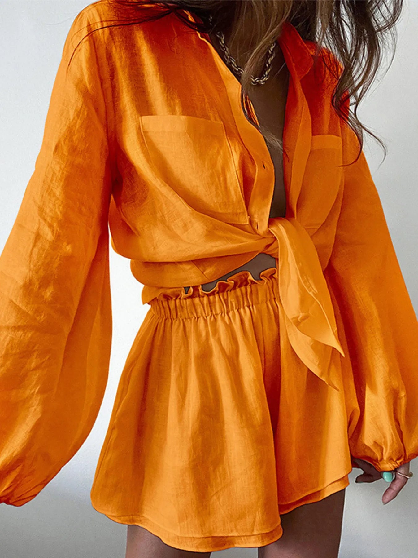 Women's Outfit Set Shirt Balloon Long Sleeve Top and Shorts Lightweght Orange 46cef122ca78473cb11122b603af7888-Max-Origin Trendsi