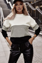 Women Knit Top Striped White Black Color Block Long Sleeve Pullover 46d41d91-96ca-4a71-88f1-47296c0efc49-Max Trendsi