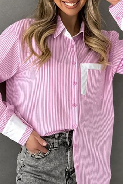 Striped Pink Shirt Women's Collared Patch Pocket Long Sleeve Casual Top Pink 46df3f0e-6a82-406c-8bba-bb4fd87fc5e2-Min Trendsi