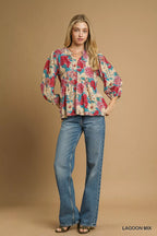Umgee Women's Blouse Lagoon Mix Floral Peplum with Tie Neck Top 46e1a89a-df44-44b3-a559-5fbd11dde577-Max-Origin Trendsi