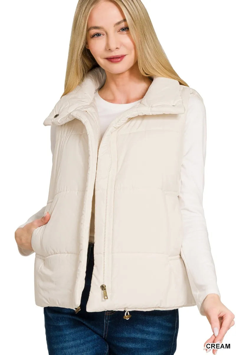 Zenana Vest Coat Cream High Neck Zip-Up Stylish Outerwear 46e3c95d39cf492c9fa71505349518e5-Max-Origin Trendsi
