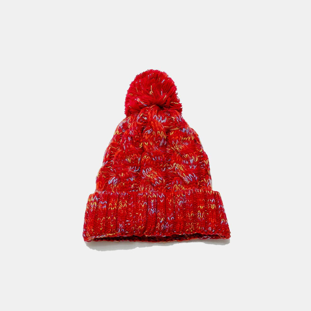 Contrast Cable-Knit Hat with Pompom Faux Fur Insulated Deep Red One Size 46ea5a77-a741-4309-a244-dce20b739e8c-Max Trendsi