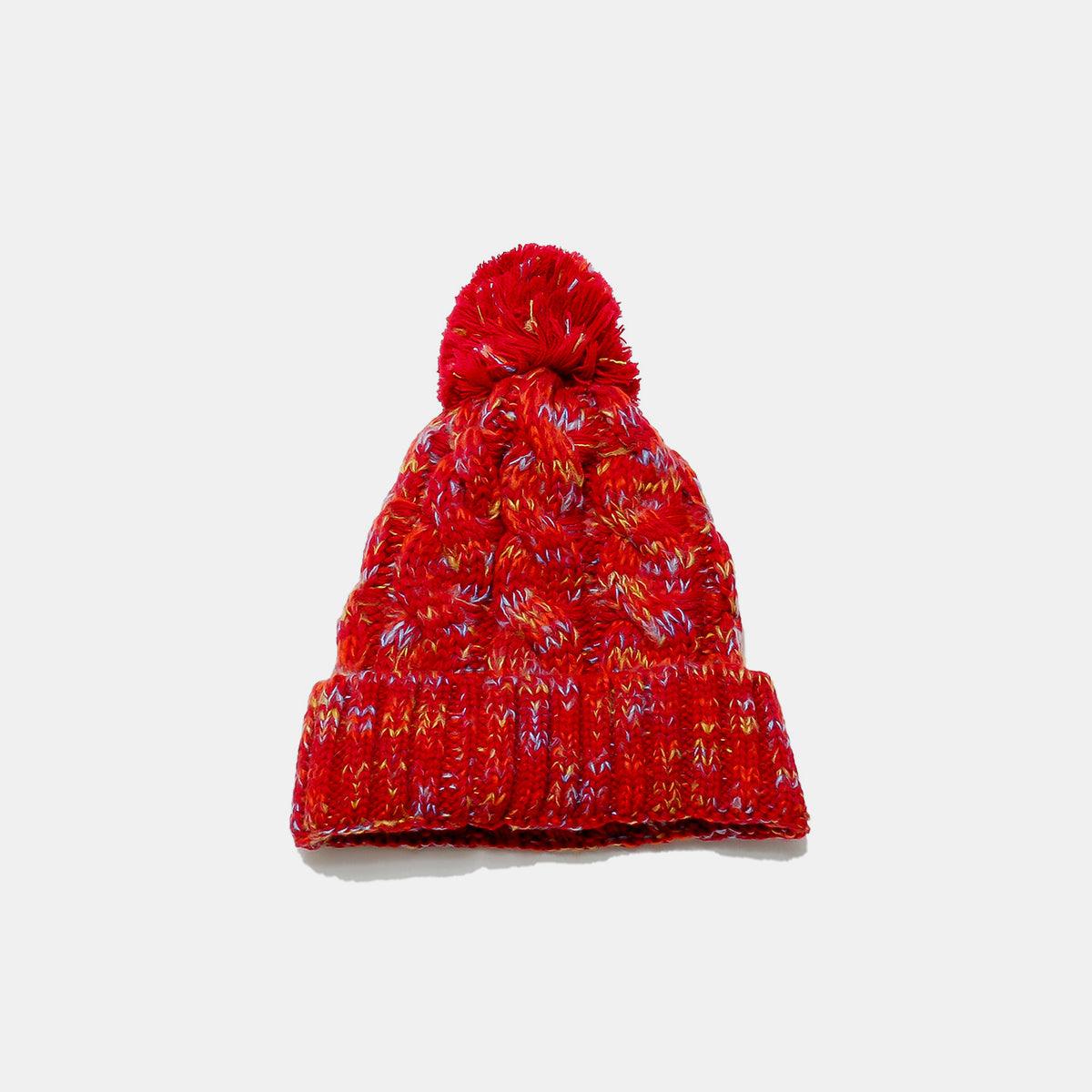 Contrast Cable-Knit Hat with Pompom Faux Fur Insulated Deep Red One Size 46ea5a77-a741-4309-a244-dce20b739e8c-Max Trendsi