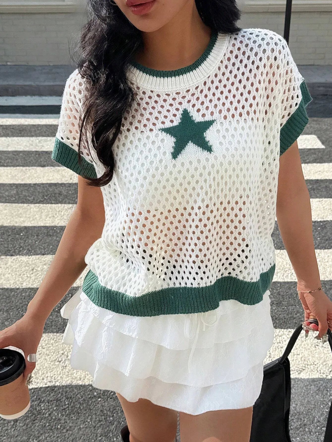 Women's Knit Top Openwork Star Pattern Mesh Short Sleeve White 46f6facb-3a7a-4f4c-8ed0-4a37b3806ce6-Max-Origin Trendsi