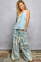 POL Washed Ribbed V-Neck Tank with Floral Print Star Patch
