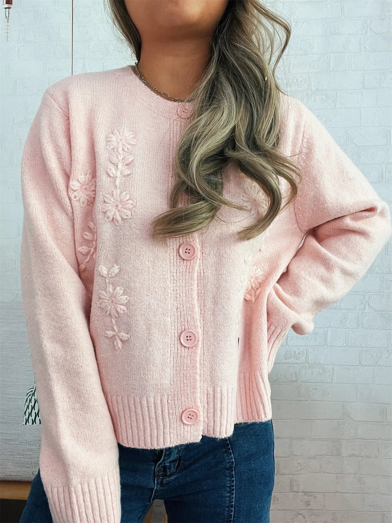 Women's Cardigan Flower Embroidered Button Up Ribbed Hem Round Neck 46fee6e40e5c40ab9623c6419dbf2314-Max-Origin Trendsi