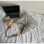 Women's Beach Crochet Shoulder Bag Medium Wave Knit Woven Blue Handbag