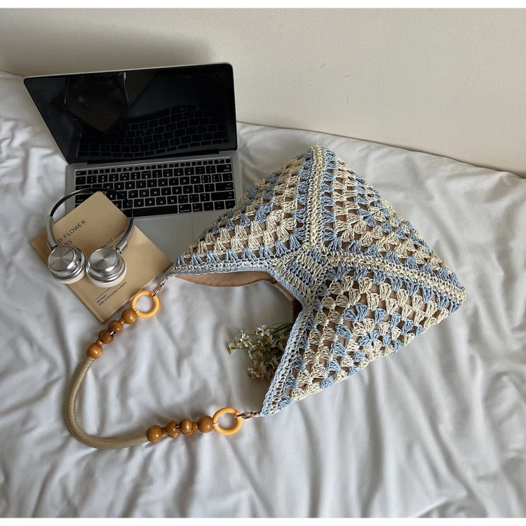 Women's Beach Crochet Shoulder Bag Medium Wave Knit Woven Blue Handbag