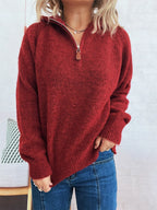 Women's Sweater Quarter Zip Hooded Ribbed Hem Long Sleeve Knitwear 47046189faf04e6ab25d82d1edd7ab87-Max-Origin Trendsi