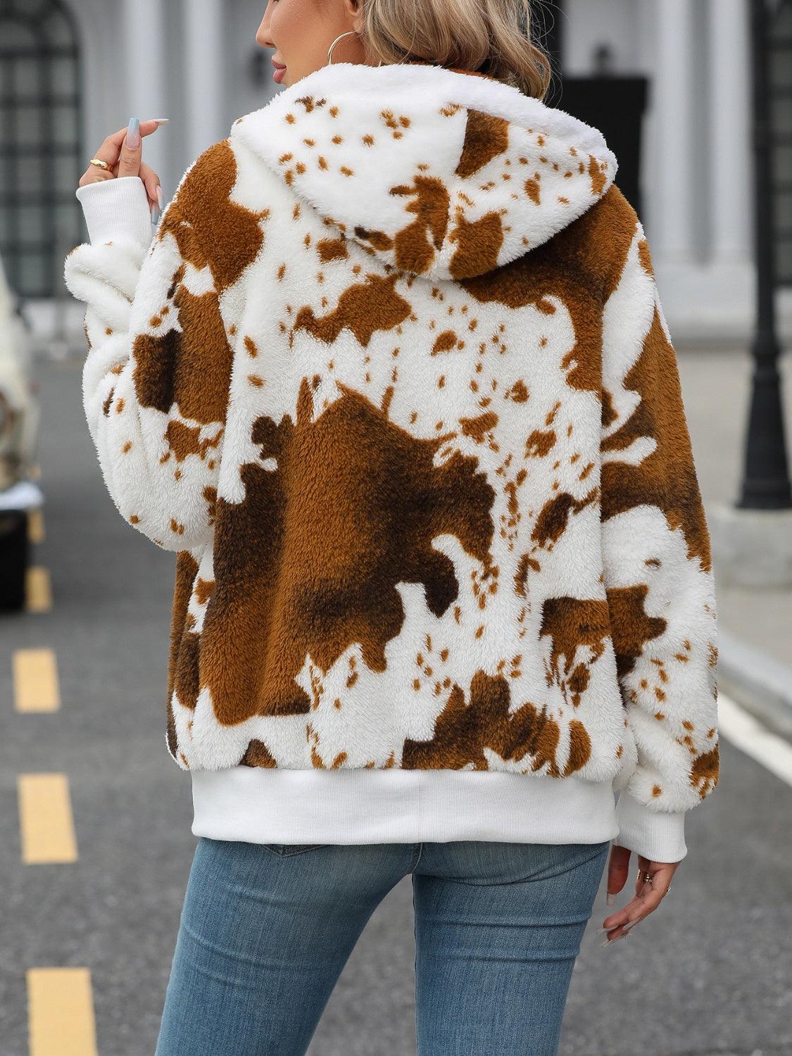 Fuzzy Jacket Animal Print Drawstring Zip Up Hooded Outwear