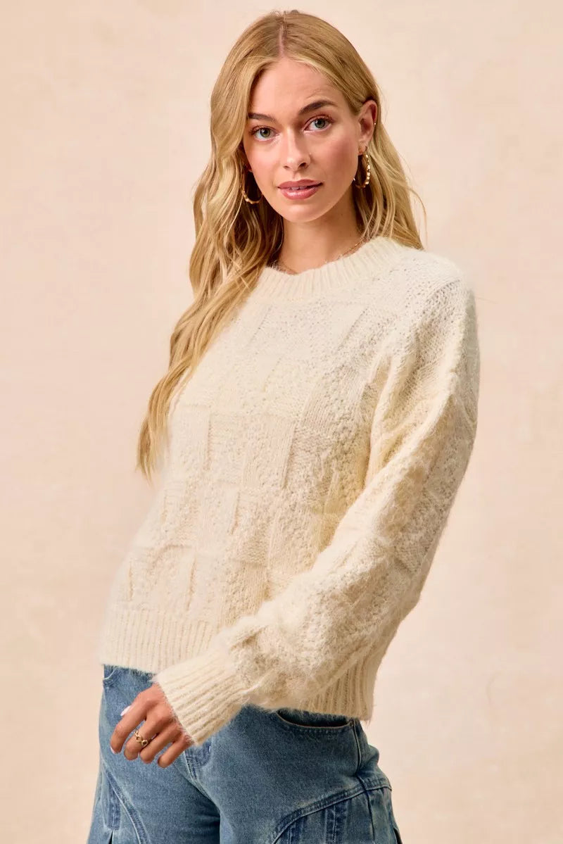 BiBi Womens Sweater Checker Ivory Board Drop Shoulder Knit Pullover 470eb989525540cf99c8c49ecc1c6793-Max-Origin Trendsi