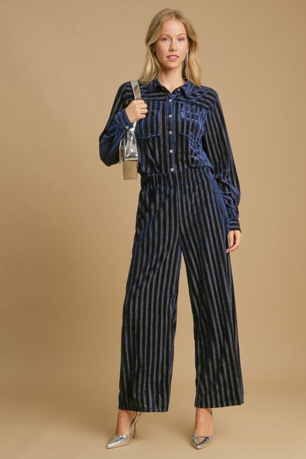 Umgee USA Velvet Pants Navy Elastic Waist Striped Wide Leg Women Trousers 47194580-8916-4356-8374-6b707505d49e-Max Trendsi