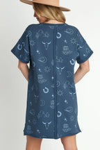 Umgee Mini Dress French Terry Short Sleeve Blue Printed S-2XL 471e3db1-160b-4f27-8b84-f2f4152f38d6-Max Trendsi