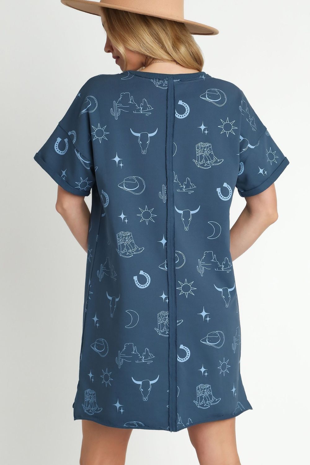 Umgee Mini Dress French Terry Short Sleeve Blue Printed S-2XL 471e3db1-160b-4f27-8b84-f2f4152f38d6-Max Trendsi