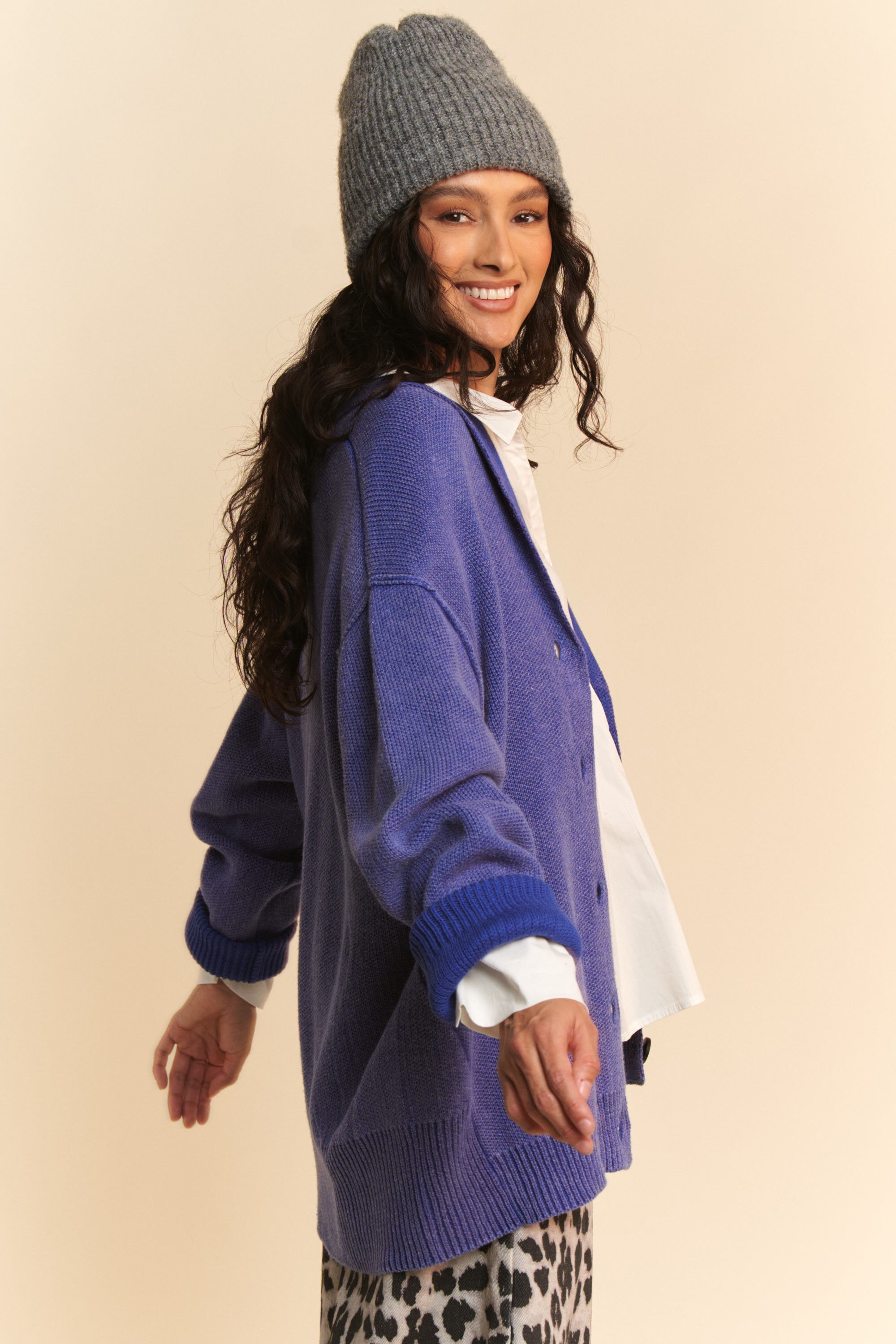 Davi & Dani Shawl Cardigan Cotton Ribbed Knit Detail Azure Button Up 4725e030-aa91-424c-b6c7-368f38620040-Max Trendsi