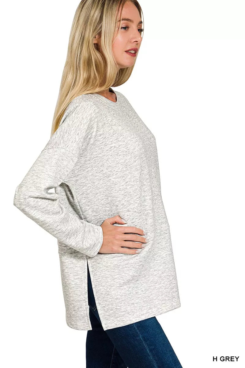 Zenana Womens Outfit Set Light Gray Scuba Side Slit Long Sleeve Top and Pants 4725f72e5fe640f689d16dc27df2441d-Max-Origin Trendsi