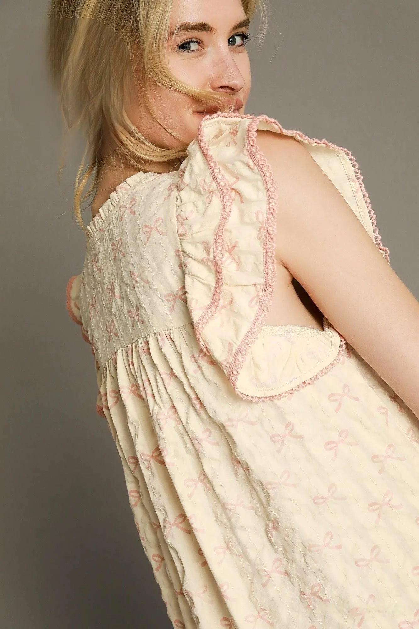 Umgee Mini Dress Pink Cream Bow Print Ruffled Cap Short Sleeve Ruffled 472f6b18-7024-4758-8caa-c6347ae8ef9a-Max-Origin Trendsi