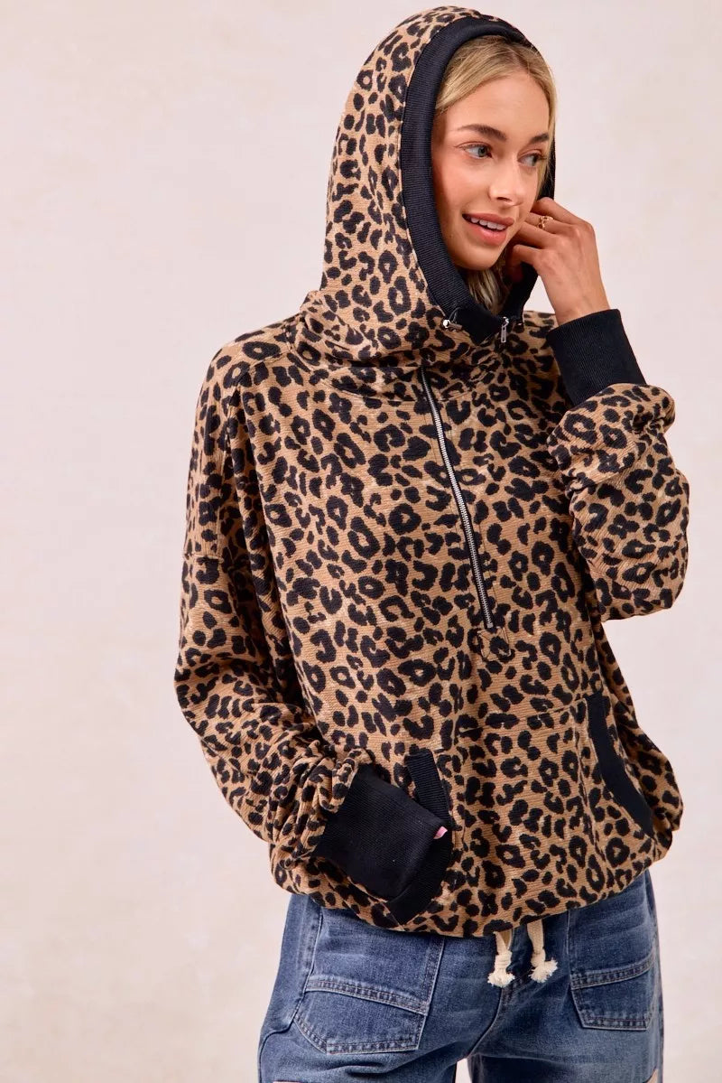 BiBi Leopard Print Hoodie Womens Waffle Half Zip Up With Pockets 4733d9ca9bde4fc98a95b47592e6baea-Max-Origin Trendsi
