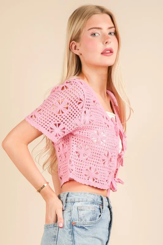 VERY J Crop Top Crochet Pink Front Tie Openwork Knit Short Sleeve 473a6580b11f43cb8306c8b0430ad8fa-Max-Origin Trendsi