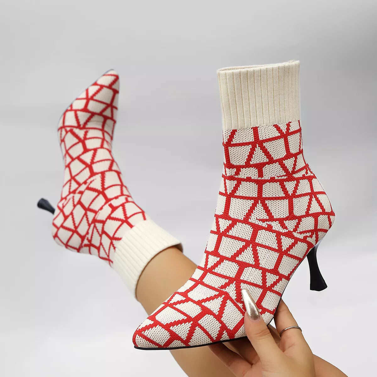 Women's Stiletto Boots Mesh Geometric Point Toe High Heels Shoes Red 473a880defd04957860e562558f97bf5-Max-Origin Trendsi