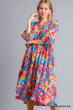 Umgee Midi Dress Floral Mulberry Mix Print Tie Neck with Pockets 3/4 Sleeve MULBERRY MIX 4744bbce-cca0-4538-a462-bafd565231dc-Max-Origin Trendsi