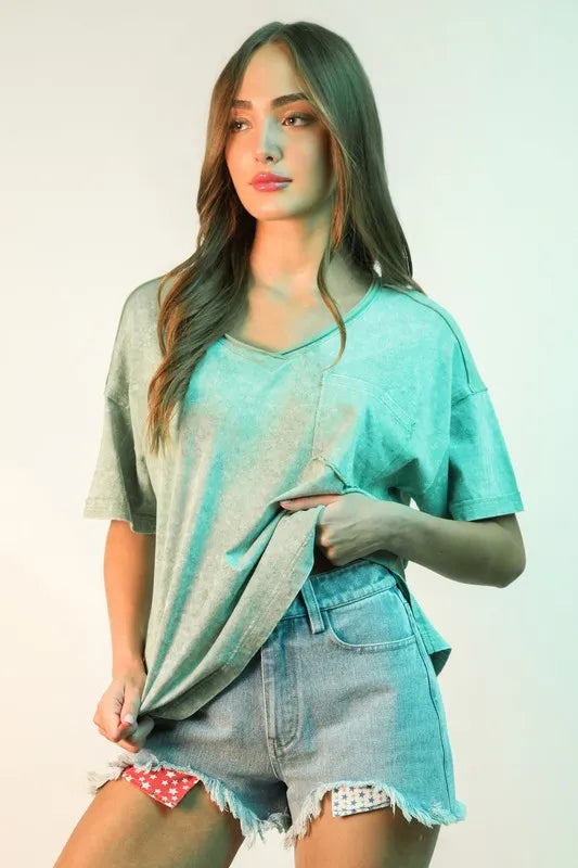 VERY J Denim Shorts Light Blue Raw Hem Pocketed Contrast Washed 4745303a9de54af4b5f76463de184850-Max-Origin Trendsi