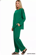 Zenana Womens Outfit Set Dark Green Scuba Side Slit Top and Pants 4747c220-b549-4415-8d86-21bccaa0f0ba-Max-Origin Trendsi