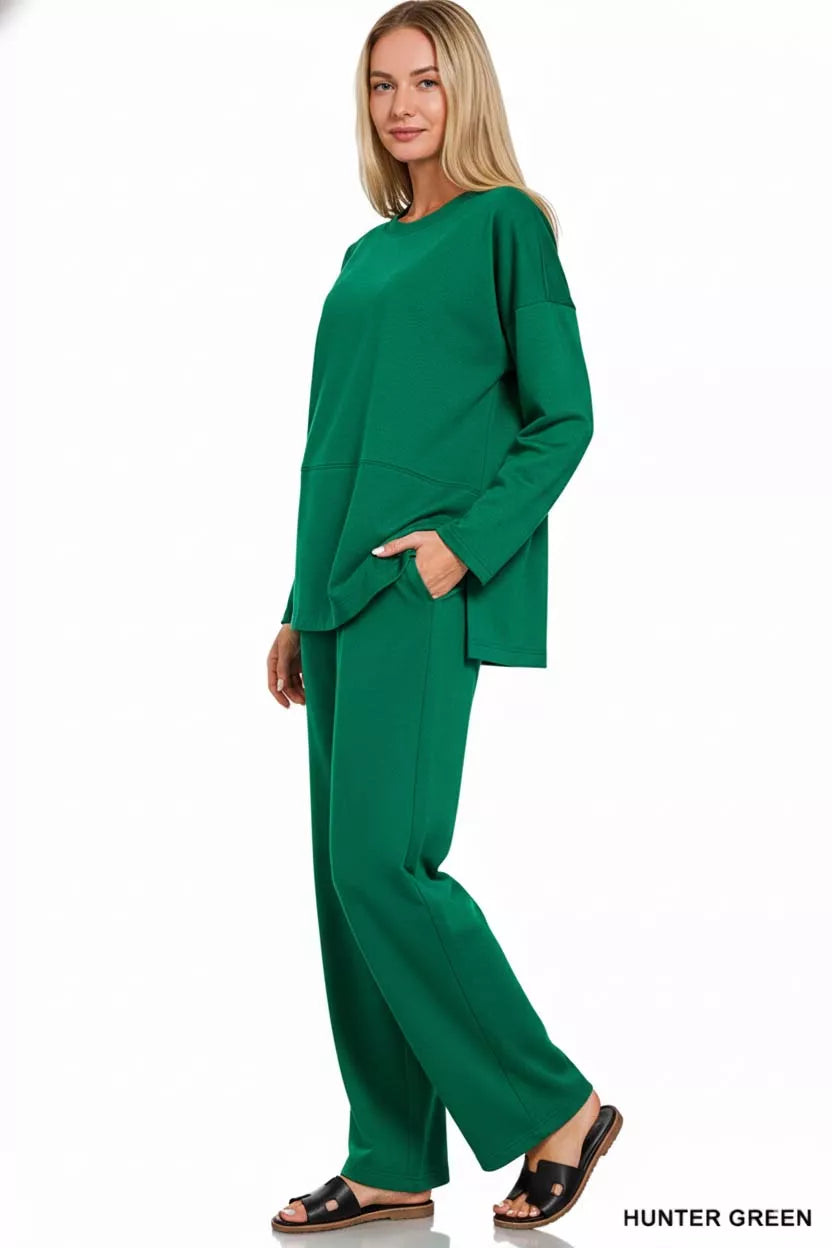Zenana Womens Outfit Set Dark Green Scuba Side Slit Top and Pants