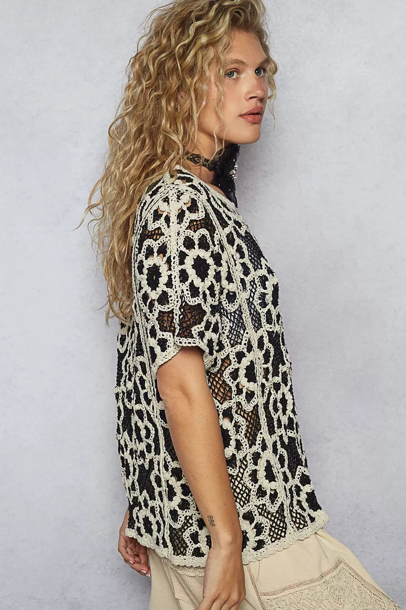 POL Womens Knit Top Crochet Black Beige Openwork Short Sleeve 474a6b6f-e002-4e4b-a187-6f2028f04d67-Max-Origin Trendsi