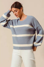 SO ME Womens Sweater Dusty Blue Ribbed Striped Round Neck Pullover 474e8e86cbd2412d9e6e40eca8d97b96-Max-Origin Trendsi
