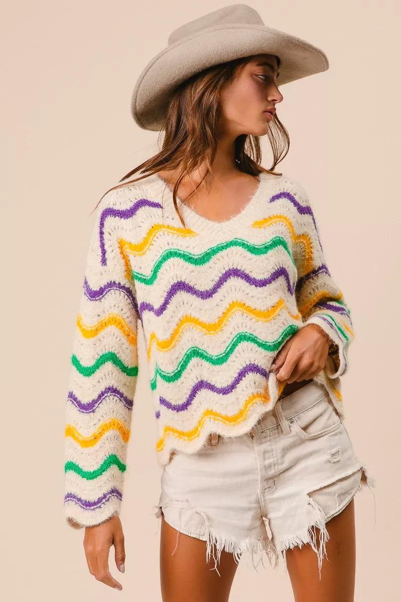BiBi Womens Sweater Mardi Gras Wavy Stripes V-Neck Open Knit Pullover 4751ec9883fb4461ac6ce1418ab07229-Max-Origin Trendsi