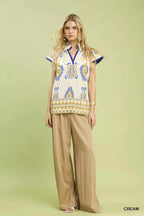 Umgee Border Print Split-Neck Boho Top