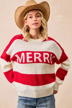 BiBi Christmas Women's Sweater Ivory Red Stripe Merry Lettering Oversized 475f244fbc114600bea7b23cf759b174-Max-Origin Trendsi