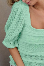 BiBi Crochet Top Mint Square Neckline Ruffled with Puff Short Sleeve 4765d67d-a1de-40f1-a483-290646bbbc8c-Max-Origin Trendsi