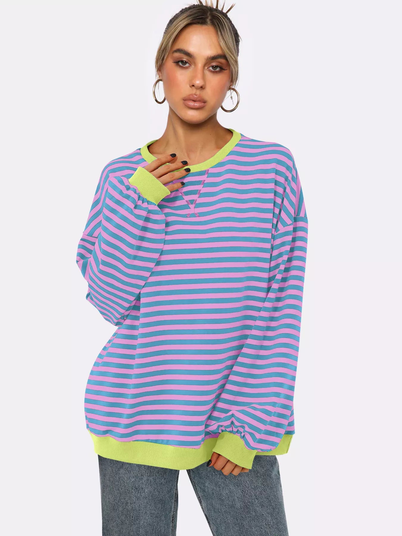 Women's Sweatshirt Striped Round Neck Long Sleeve Oversized Ribbed 476faab6ca954ec8bfc357130a2673d5-Max-Origin Trendsi