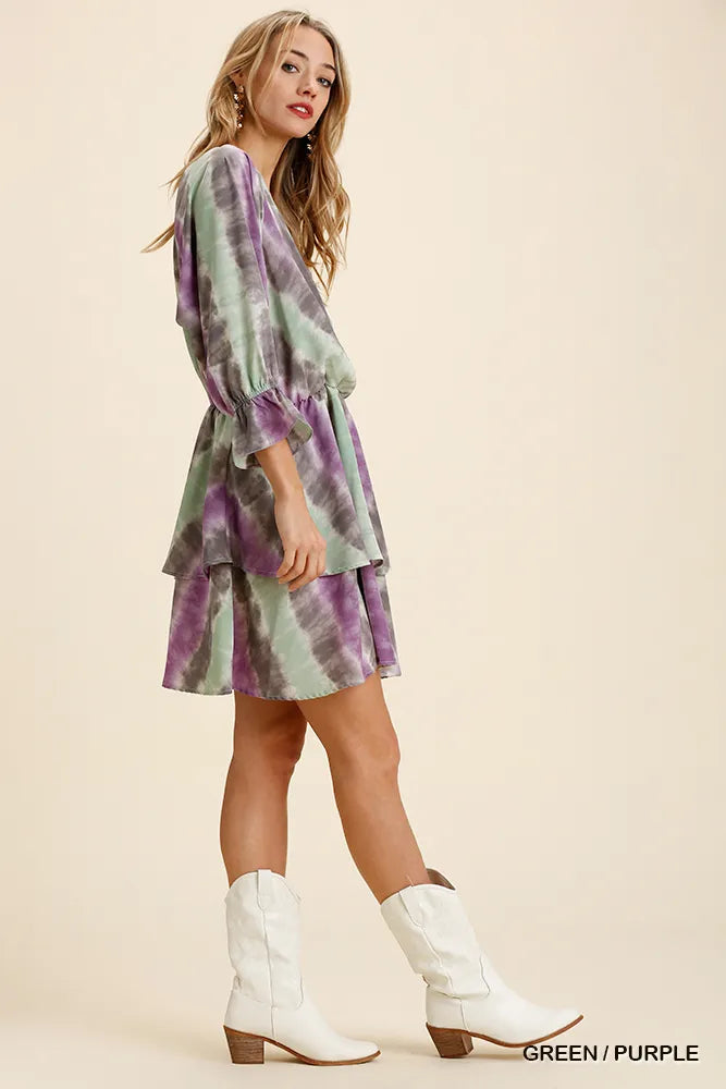 Umgee Tie Dye Mini Dress Purple Green Ruffled Layered with Elastic Waistband 476faf64-0e55-4b32-a13a-1561bae61581-Max-Origin Trendsi