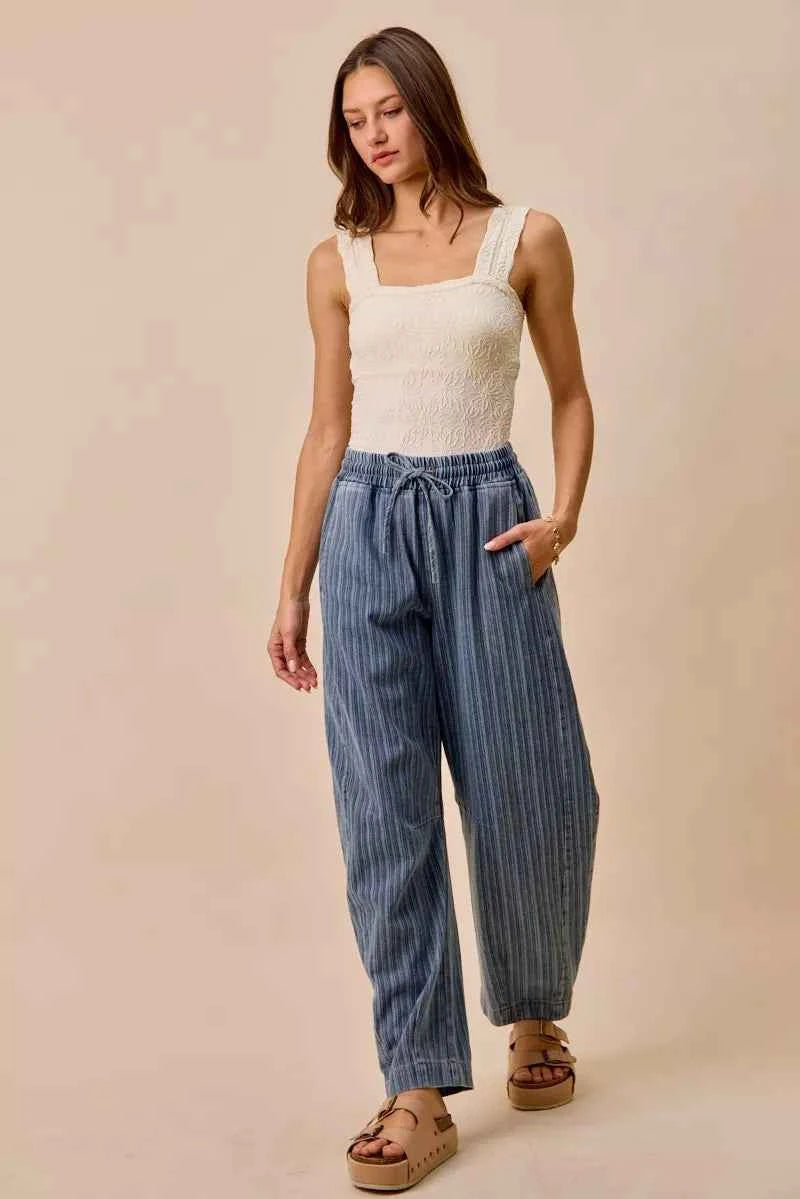 SO ME Stripe Denim Barrel Jeans Drawstring Waistband