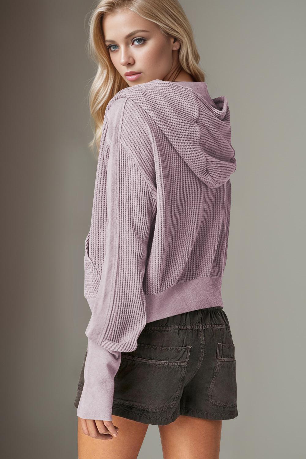 Double Take Hooded Jacket Waffle-Knit Zip Up Long Sleeve 477dbad3-c69f-4b73-959b-186d147a8760-Max Trendsi