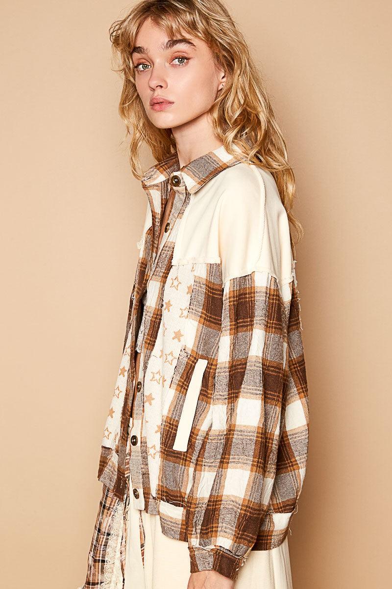 POL Plaid & Star Patchwork Jacket Women Contrast Long Sleeve Shacket