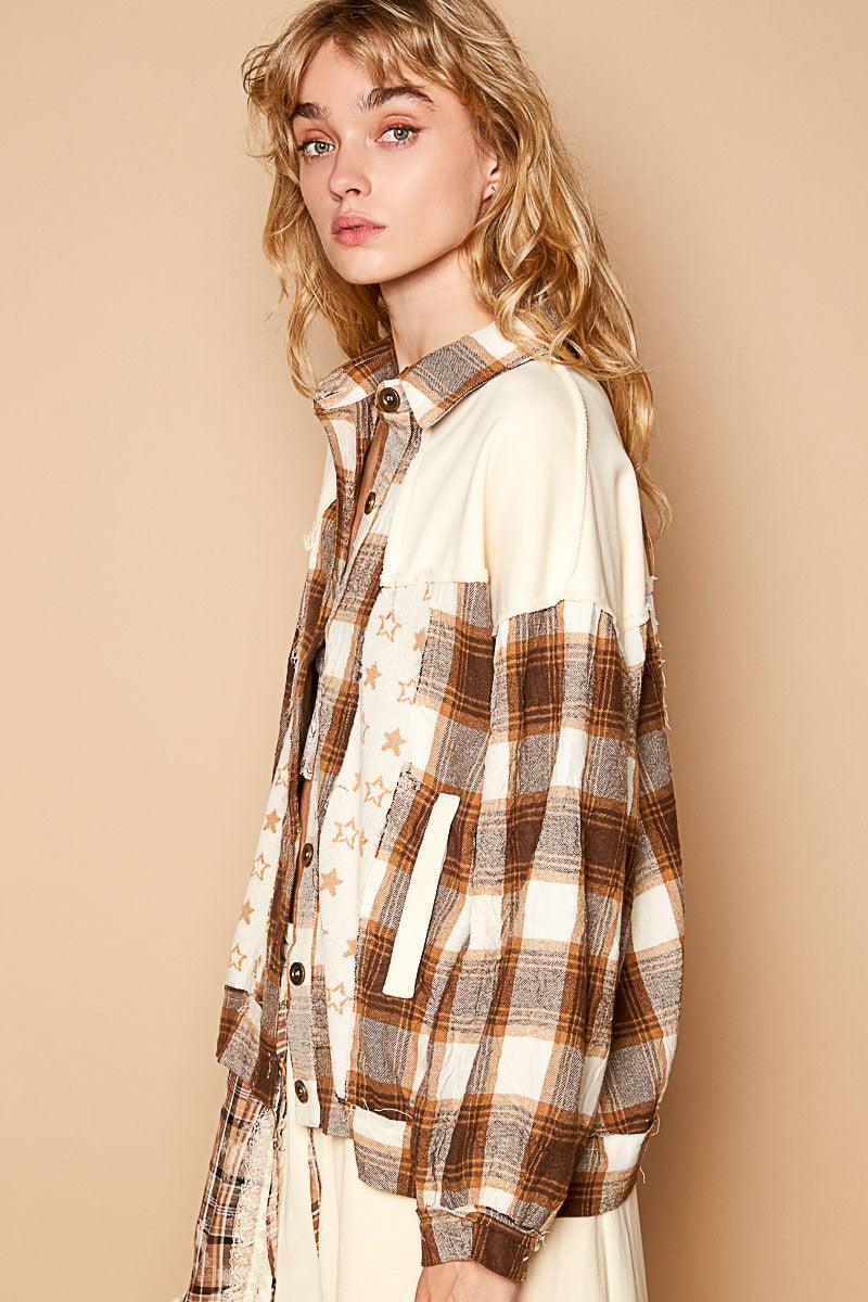 POL Plaid & Star Patchwork Jacket Women Contrast Long Sleeve Shacket 4780113b-0338-4e28-a257-3c73e53bb84d-Max Trendsi