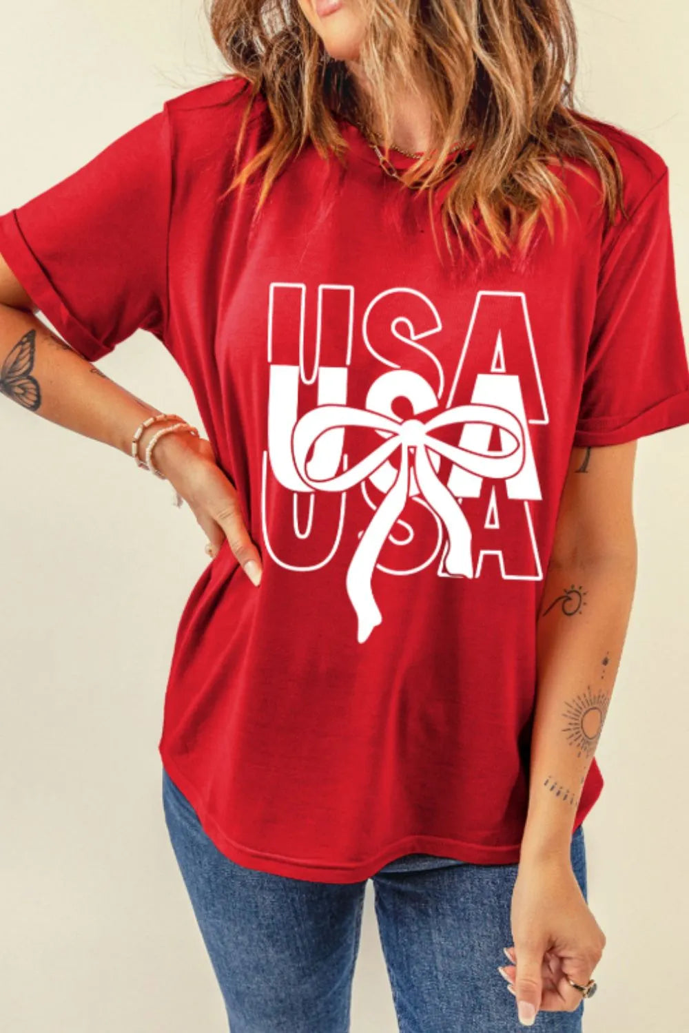 Women's T-Shirt Patriotic USA Bow Graphic Print Red Short Sleeve Top Tees 47962866-b221-40d3-bfda-e343a4c08ce9-Max-Origin Trendsi
