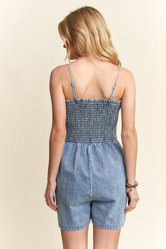 ADORA USA Denim Short Romper Smocked Spaghetti Strap Blue Pocketed 479c1e6a-3f33-41e1-a79a-04569ec6ca0d-Max Trendsi