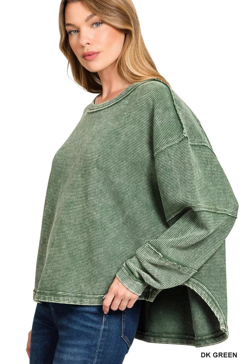 Zenana Women's Sweatshirt Oversized Dark Green Acid Washed Exposed-Seam
