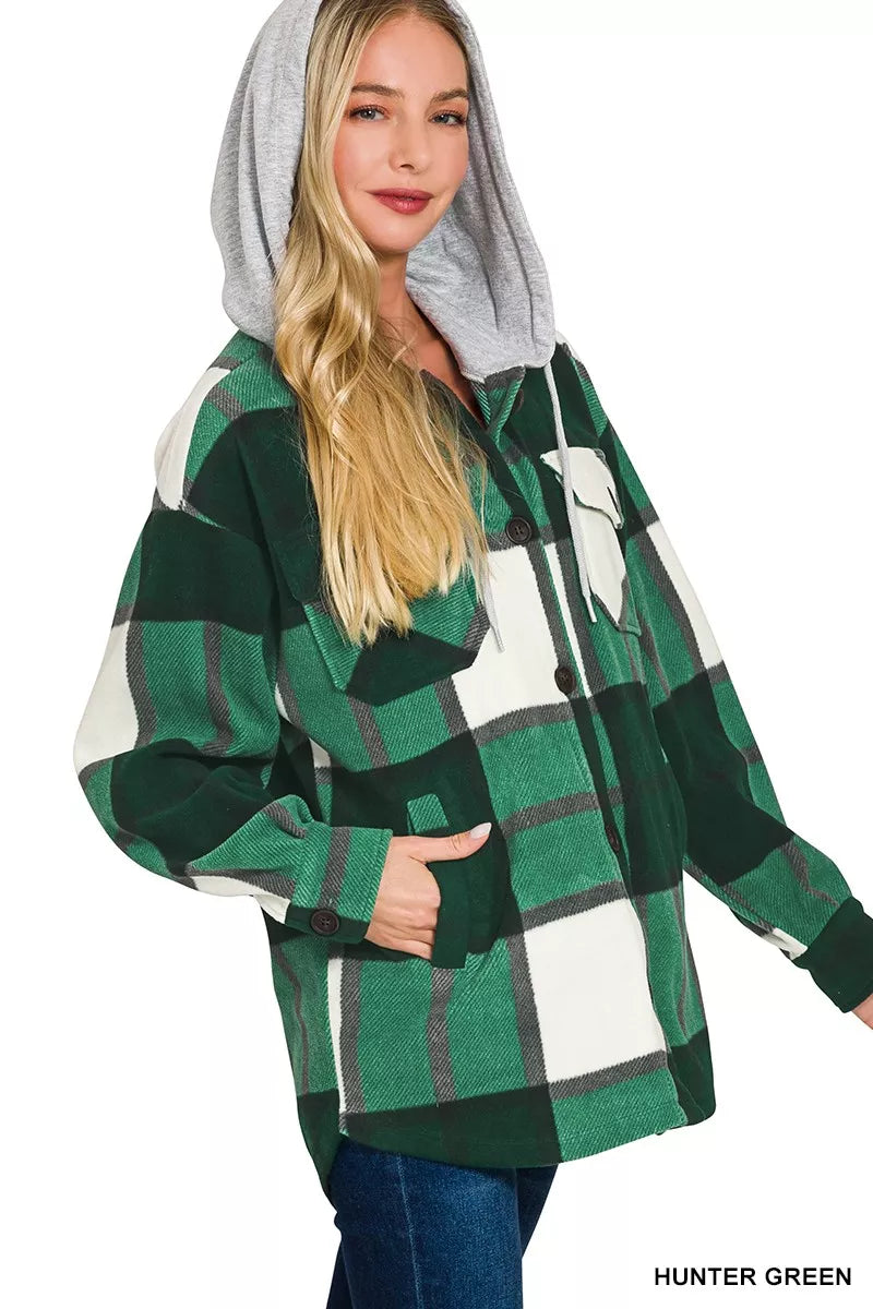 Zenana Womens Fleece Shacket Plaid Green Drawstring Hood Pocketed 47a16335025a423d9c3e31a9a59500a6-Max-Origin Trendsi