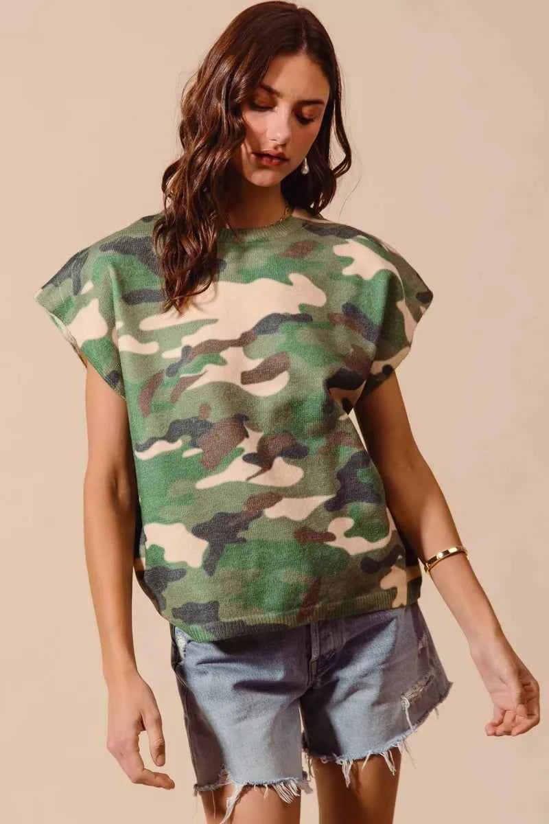 SO ME Camouflage Print T-shirt Dolman Soft Sweater Short Sleeve Top 47b222ba56604ad29eb5e01ac7ef5eeb-Max-Origin Trendsi