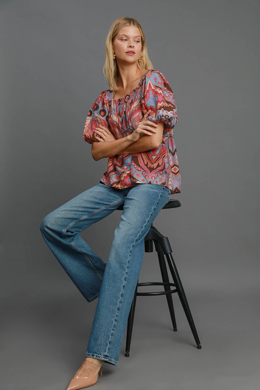 Umgee Women Viscose Blouse Abstract Pink Smocked Square Neck Puff Sleeve