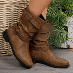 Women's Boots Mid-Calf Buckle Strap Pu Leather Low Heel Shoes 47b36eb2ccd345c08604b2c47b0abaf5-Max-Origin Trendsi
