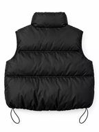 Back view of black puffer jacket with horizontal quilting and drawstrings