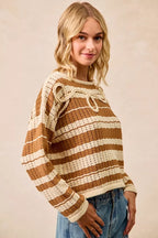 BiBi Womens Brown Striped Open Knit Sweater Top with Front Braided Detail 47b612231642406cb0b8df1d311dd837-Max-Origin Trendsi
